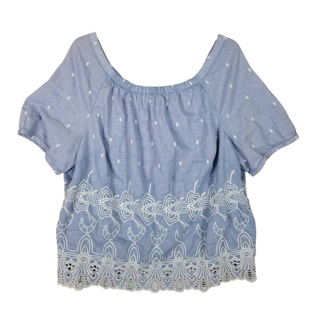 Talbots Blouse Women 2X Blue Embroidered Eyelet Scallop Hem Off Shoulder Topā